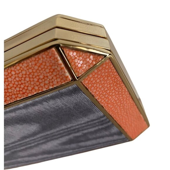 Anya Hindmarch Duke Stingray Moire Clutch Exotic Gold Tone Metal Satin Coral NWT - Picture 7 of 16